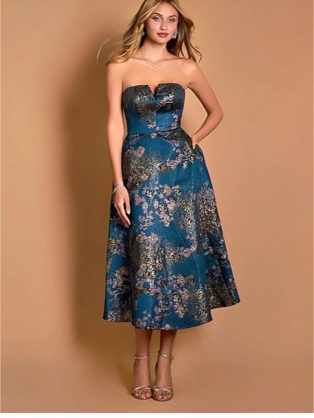 Azazie Marlie Teal Floral Midi Dress Blue & Gold